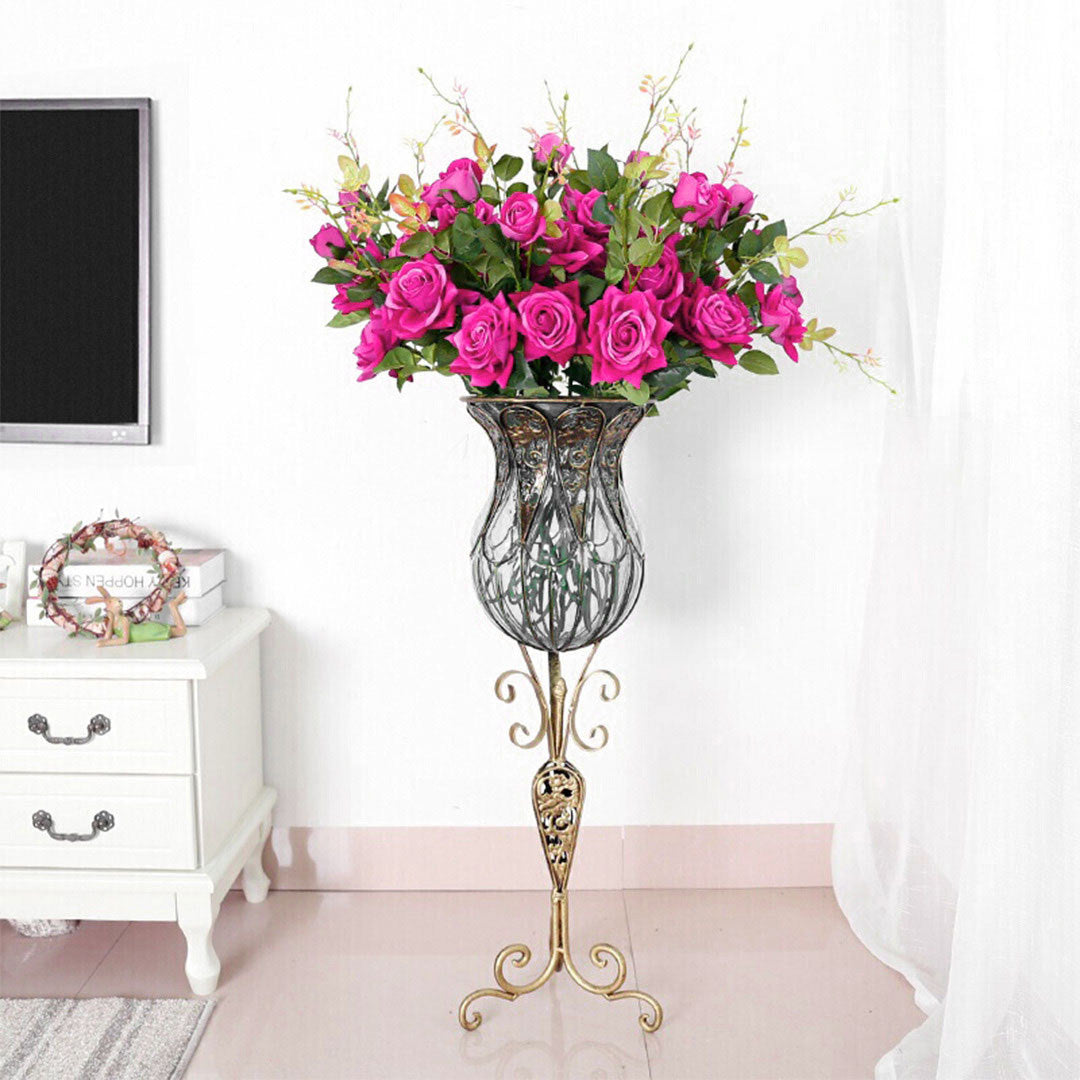 CrystalBloom 85cm Clear Glass Floor Vase with 12pcs Dark Pink Artificial Flower Set