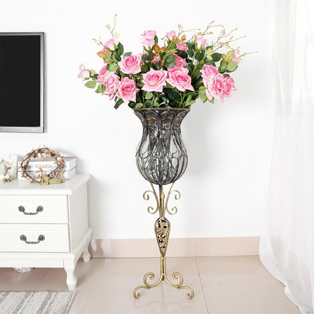 CrystalBloom 85cm Clear Glass Floor Vase with 12pcs Pink Artificial Flower Set