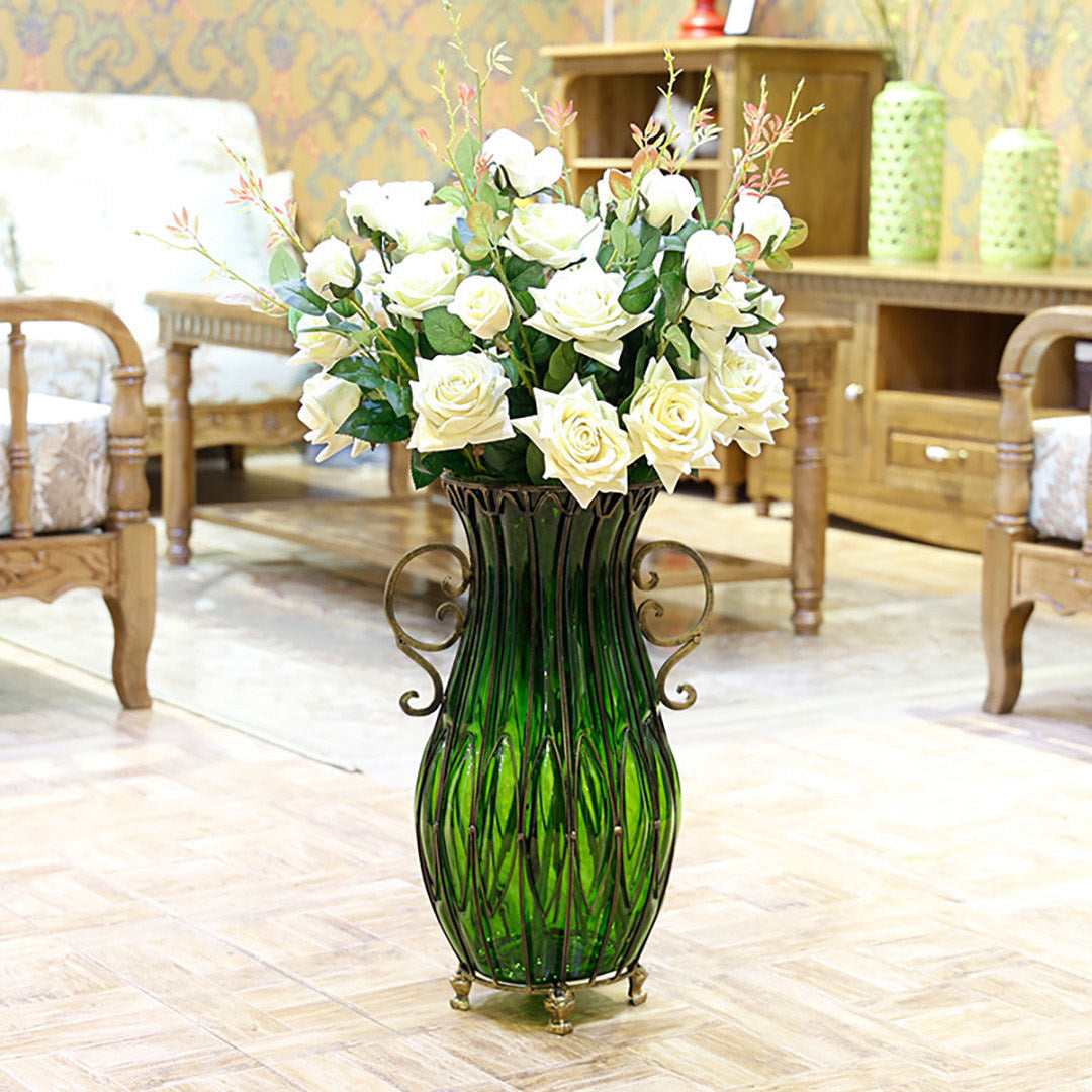 Green Glass Floor Vase with 12pcs White Artificial Flower Set