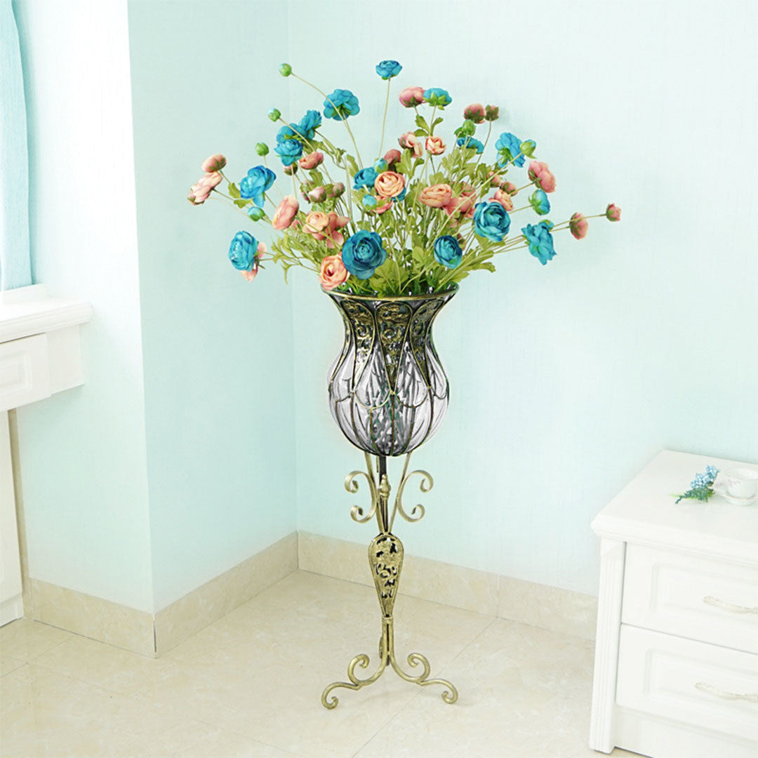 CrystalBloom 85cm Clear Glass Floor Vase with 12pcs Artificial Flower Set