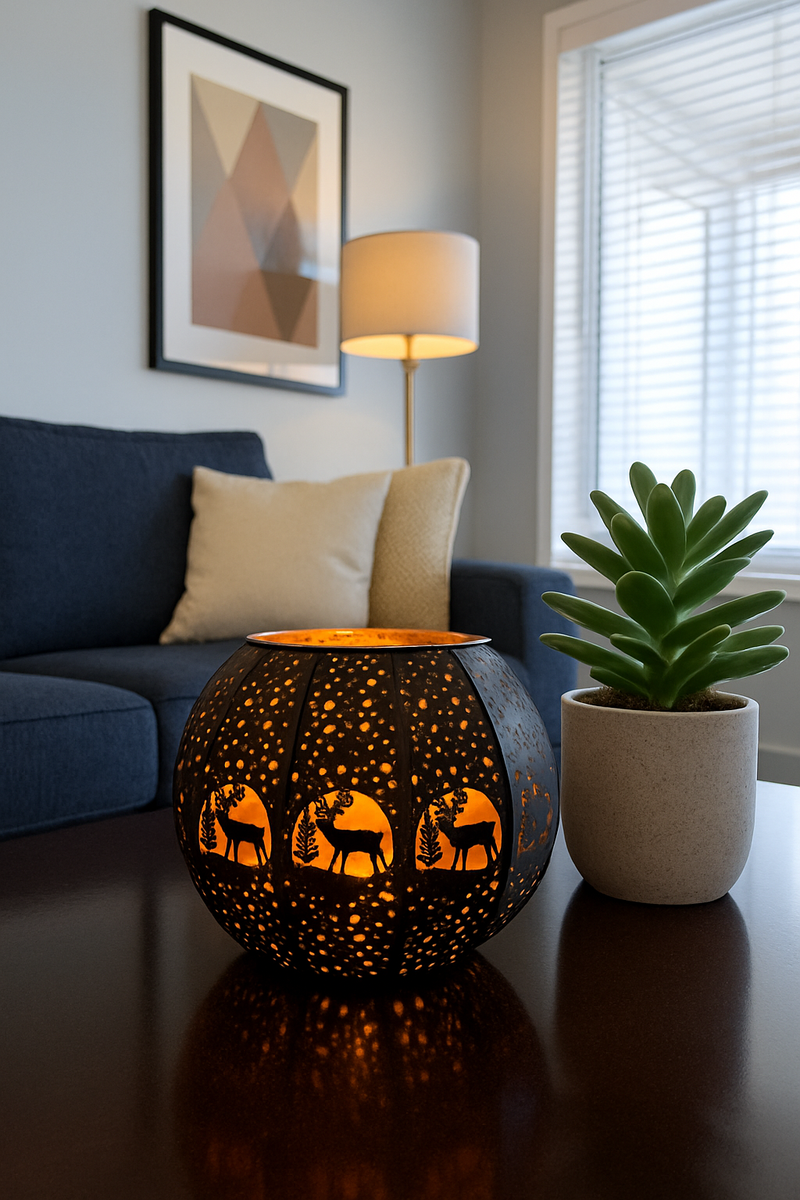 Decorative lamp with animal designs on a table in a living room setting.