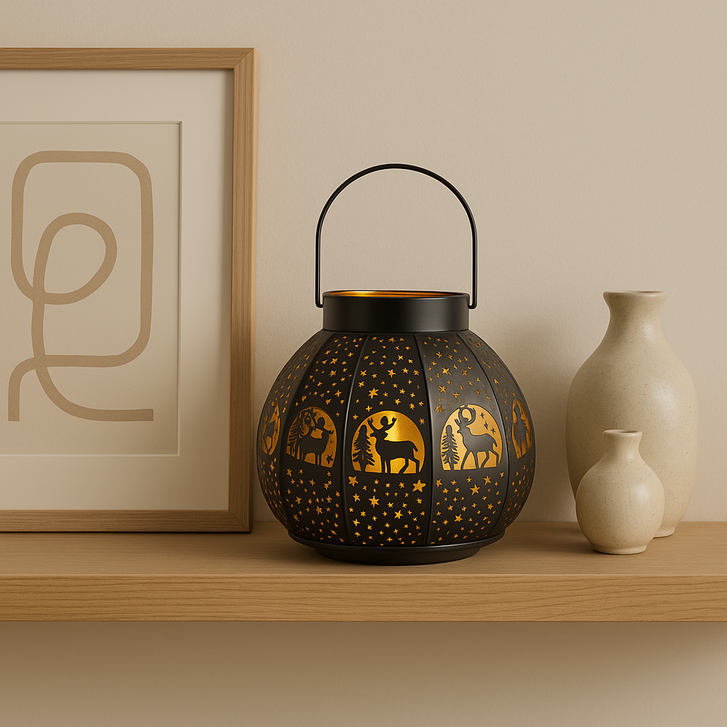 Decorative lantern with animal silhouettes on a wooden shelf with a vase and framed picture.