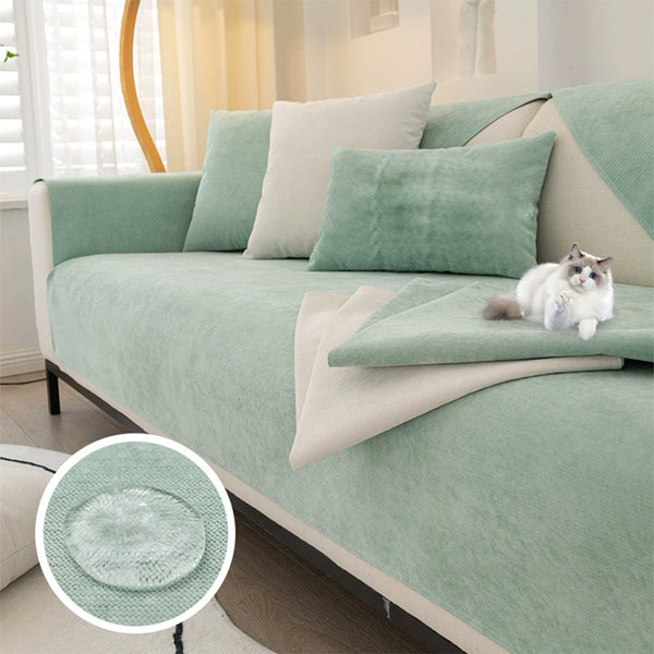 A plush chenille sofa cover in green, displayed on a sofa, including a close-up of the waterproof fabric texture.