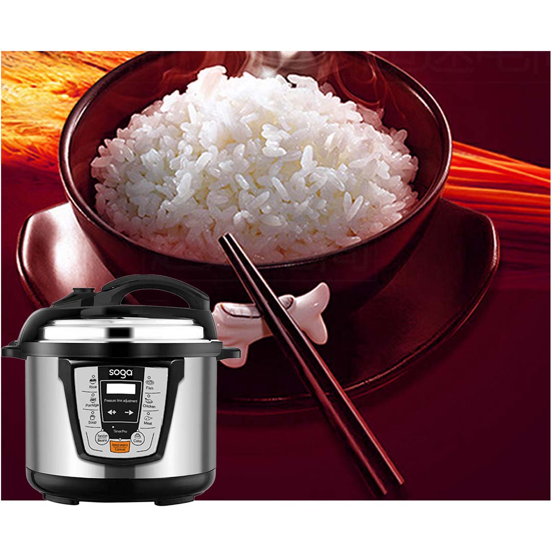 SOGA Electric Stainless Steel Pressure Cooker 10L image showing its use for cooking rice