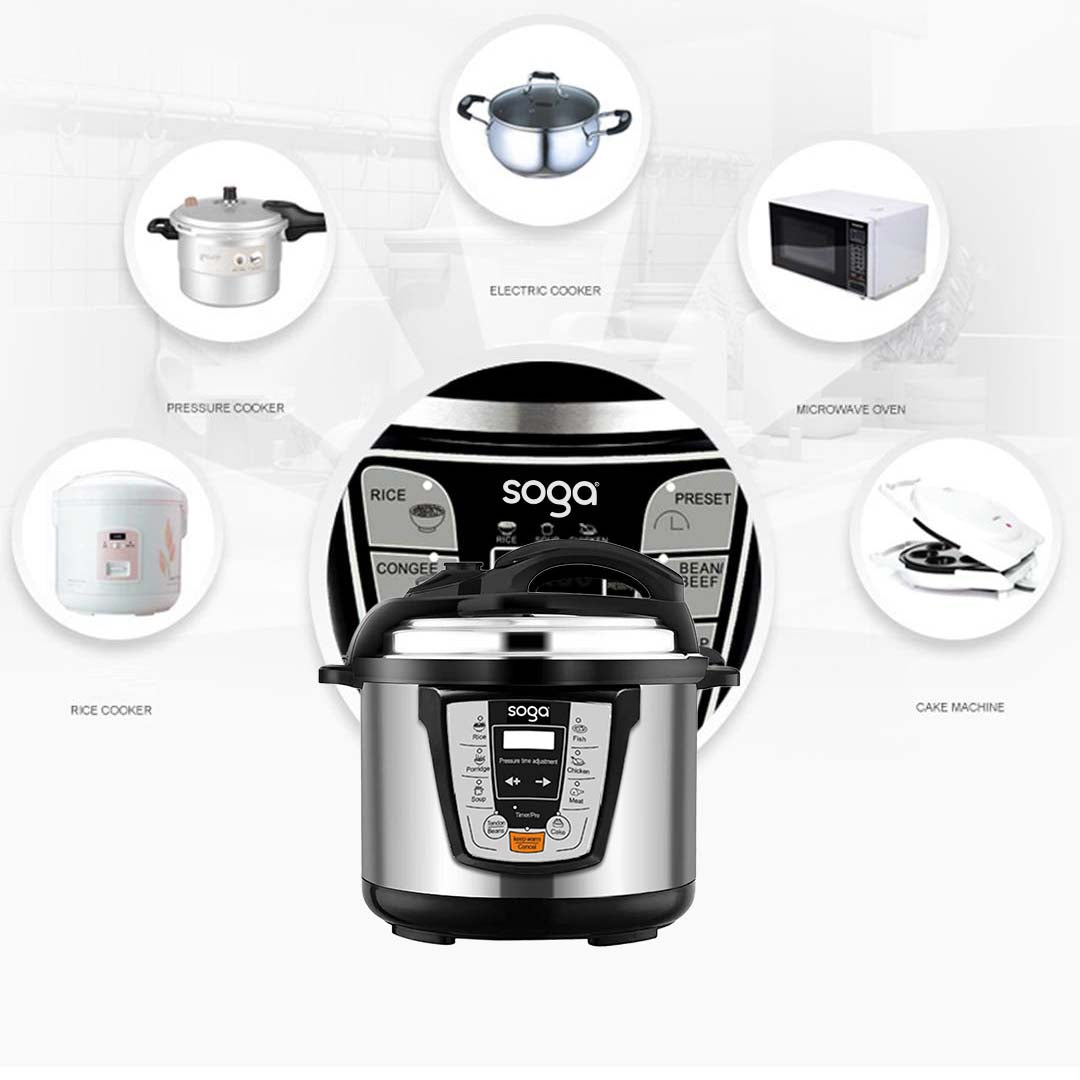 SOGA Electric Stainless Steel Pressure Cooker 6L image showing its multiple functions.