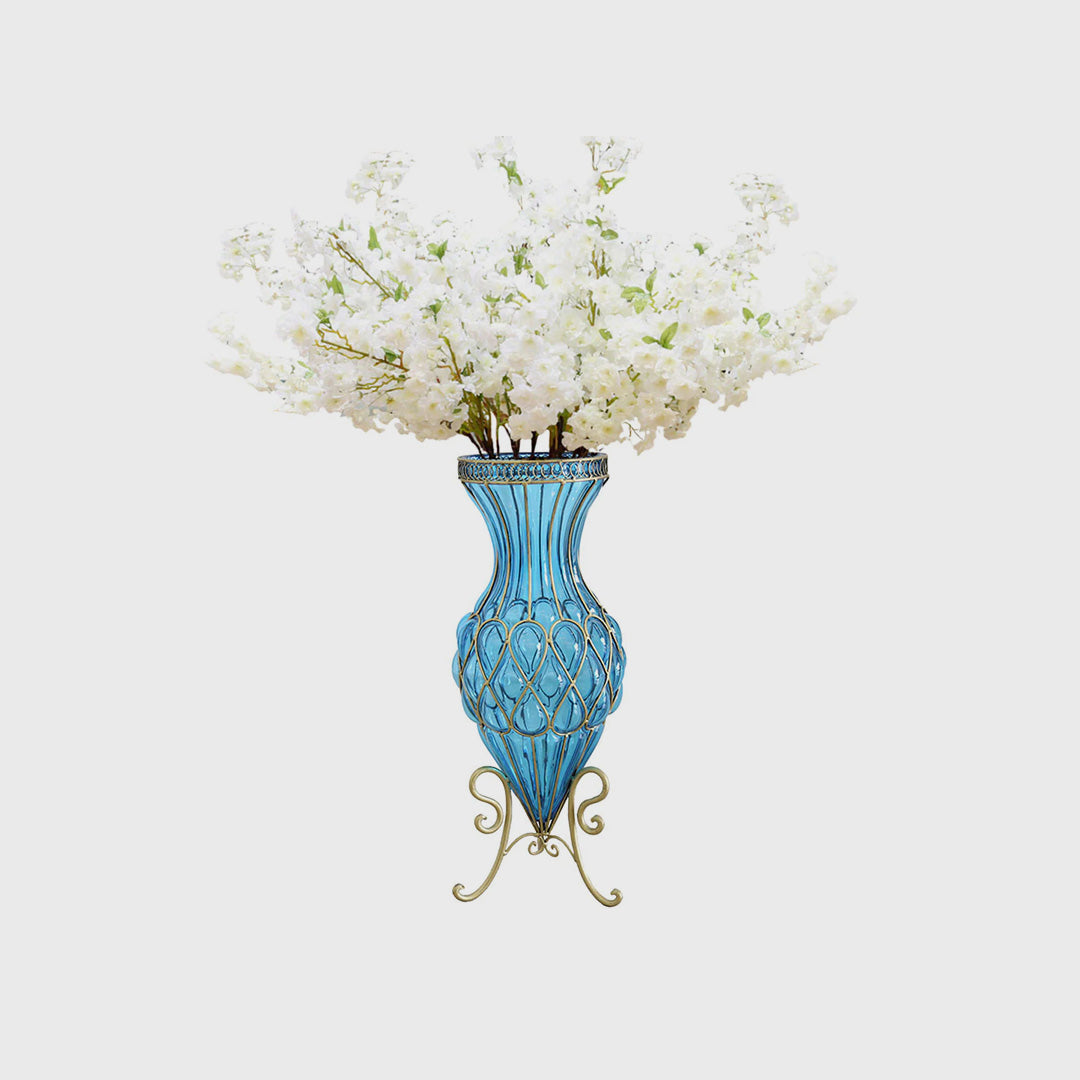 AzureBloom Blue Glass Vase with White Floral Set