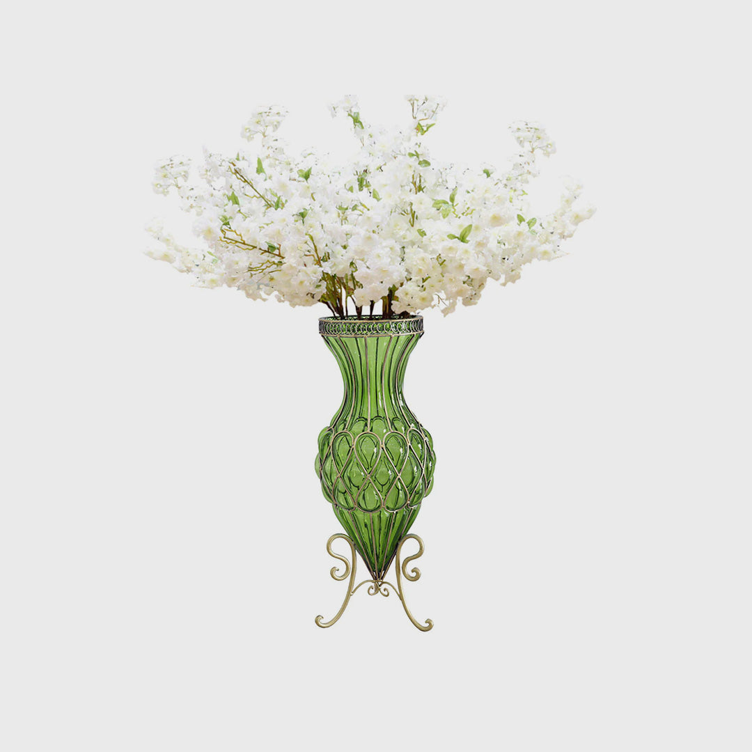 AzureBloom Green Glass Vase with White Floral Set