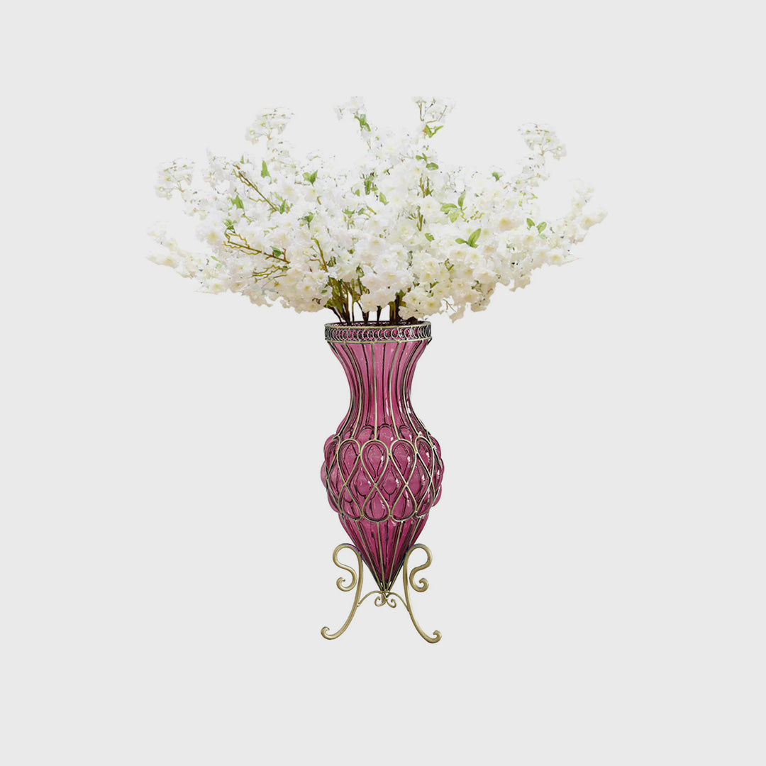 AzureBloom Purple Glass Vase with White Floral Set