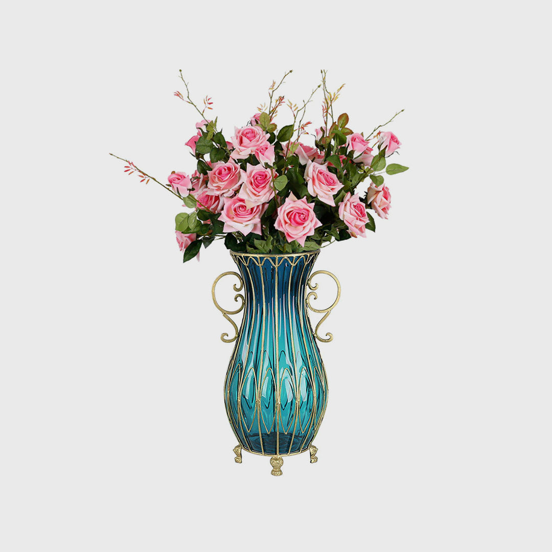 Blue Glass Floor Vase with 12pcs Pink Artificial Flower Set