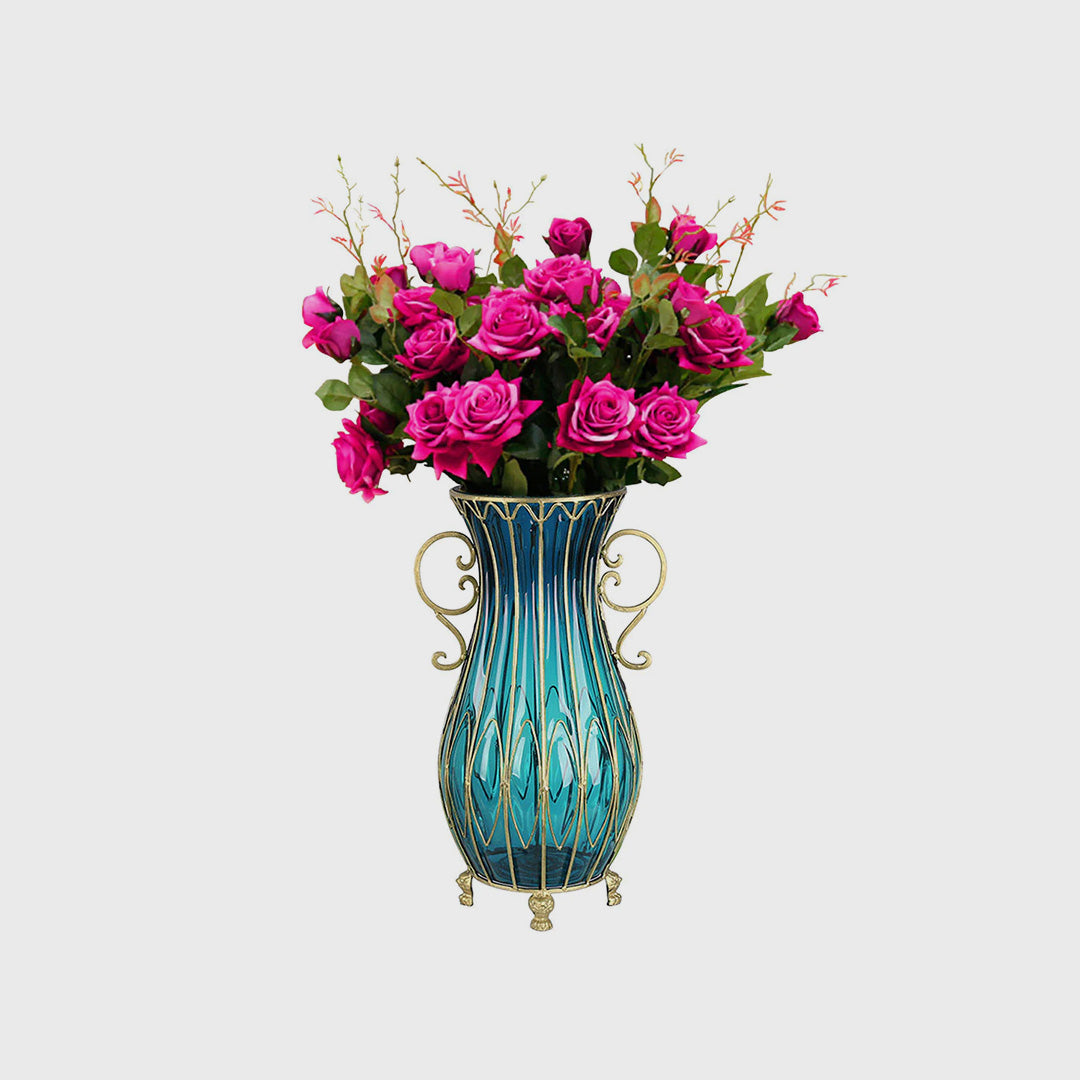 Blue Glass Floor Vase with 12pcs Dark Pink Artificial Flower Set