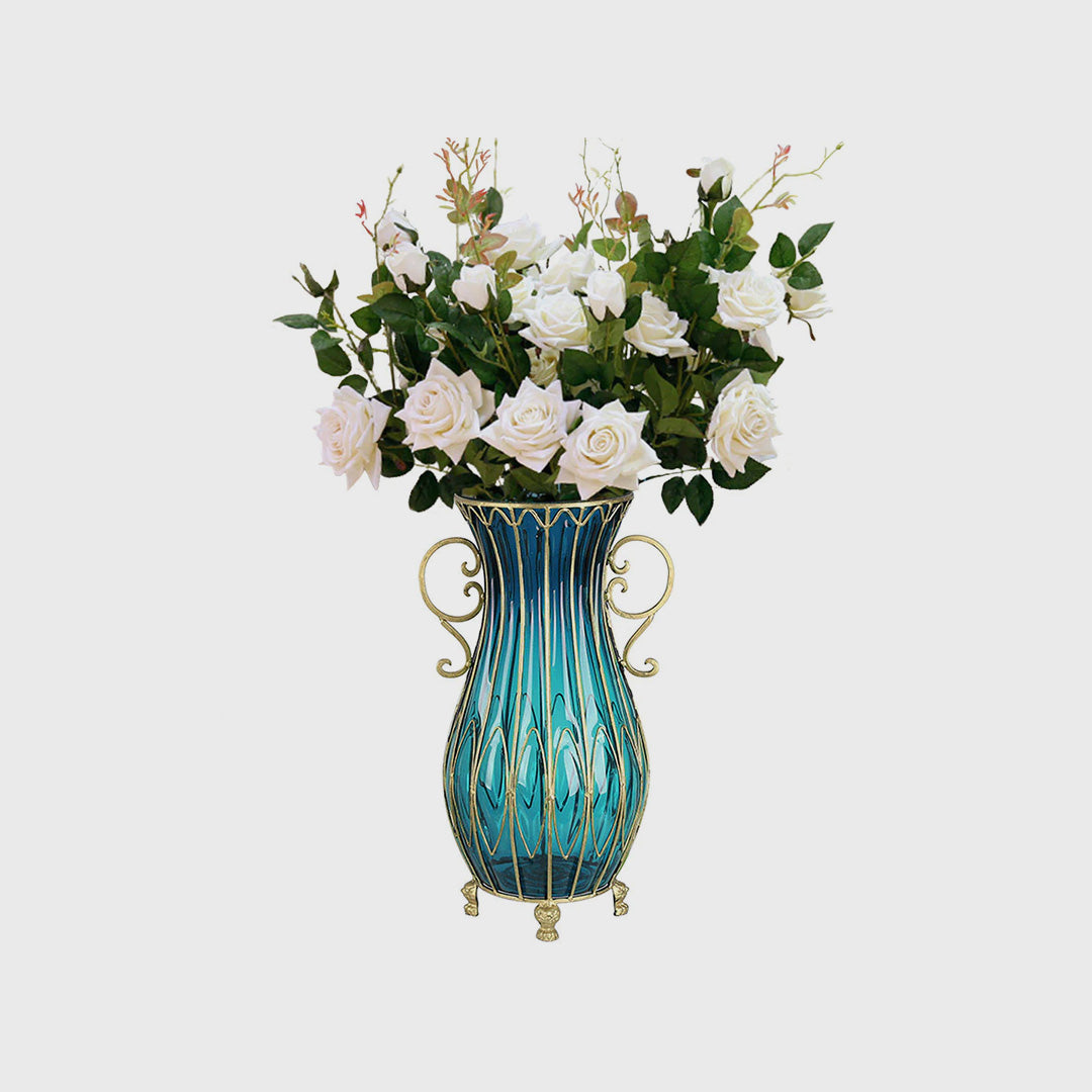 Blue Glass Floor Vase with 12pcs White Artificial Flower Set