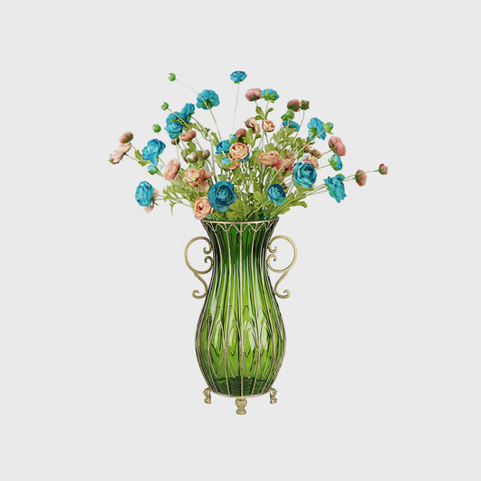 Green Glass Floor Vase with 12pcs Artificial Flower Set