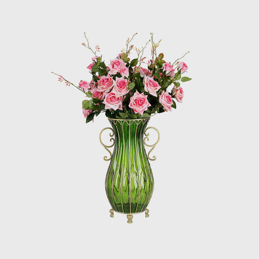 Green Glass Floor Vase with 12pcs Pink Artificial Flower Set