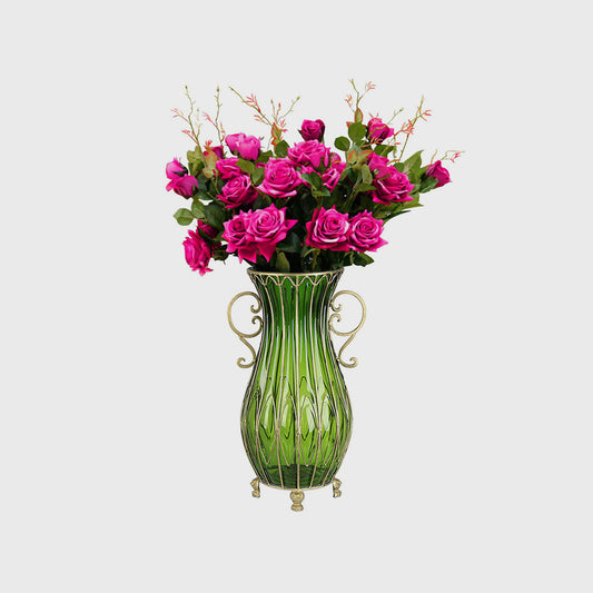 Green Glass Floor Vase with 12pcs Dark Pink Artificial Flower Set