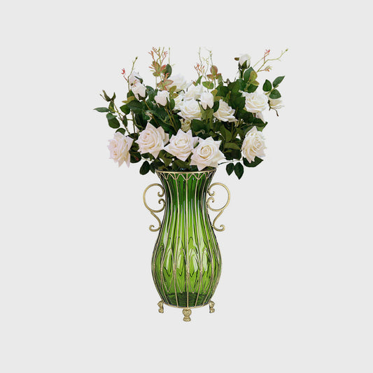 Green Glass Floor Vase with 12pcs White Artificial Flower Set