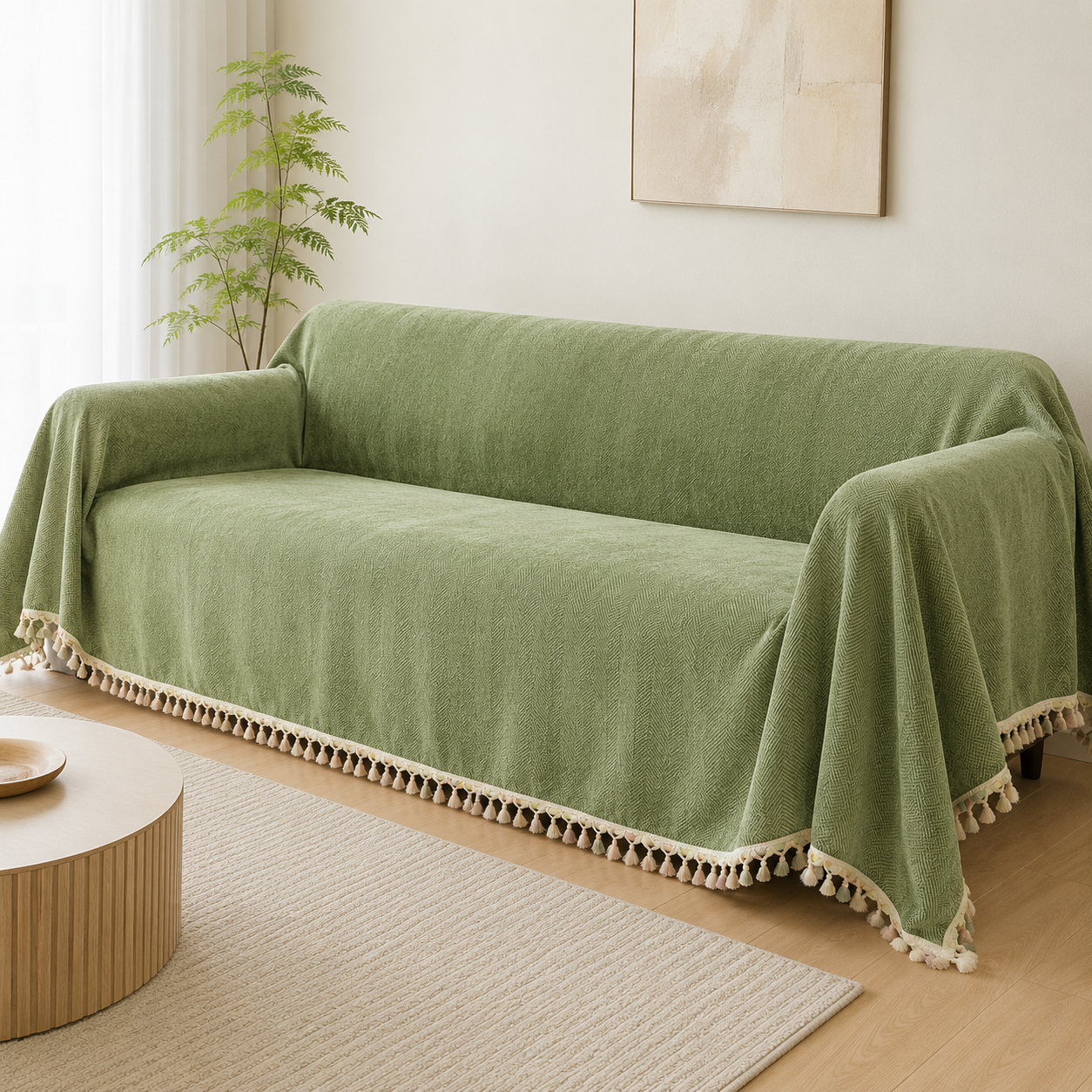 HerriLoom matcha green sofa cover draped over a three-seat couch