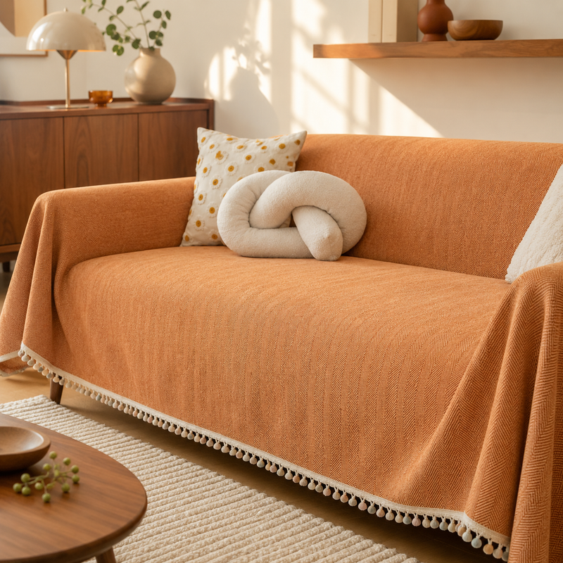 HerriLoom orange red chenille herringbone sofa cover in a warm living room