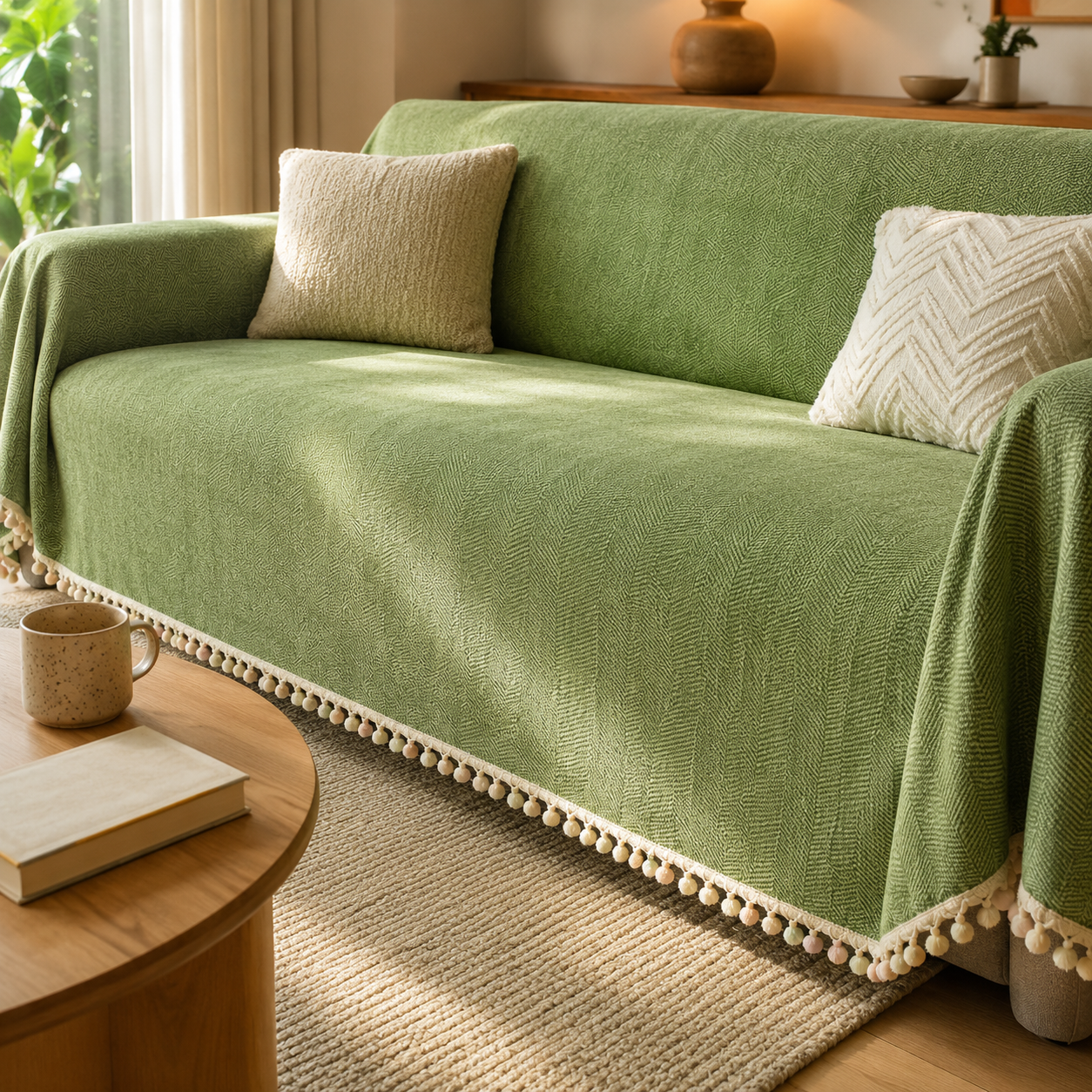 HerriLoom matcha green chenille sofa cover in a warm living room